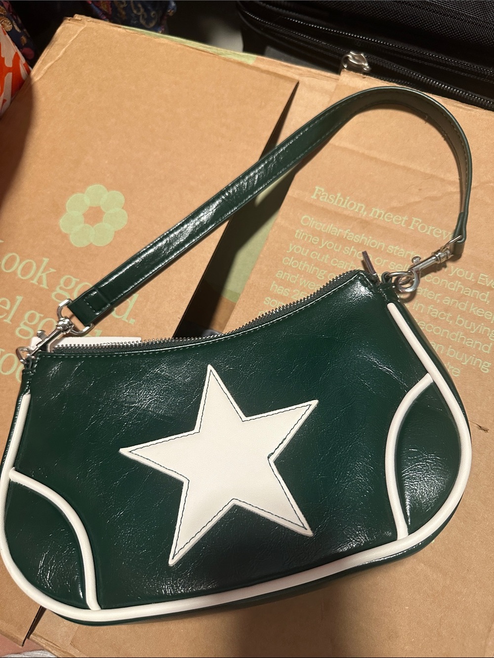 silence + noise Green Shoulder Bag with White Star Accent